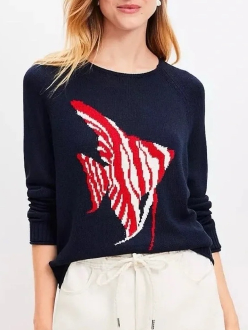 LOFT Navy Crewneck Sweater with Red & White Fish Motif